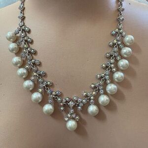 Faux Pearl Drop Crystal Bib Necklace
